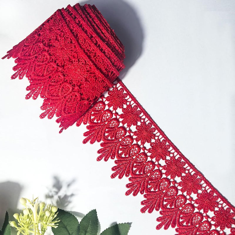 DKKUAYANGUP (Red Floral Lace Trim - 5 Yards, 9cm Wide | Wedding Dress Embellishment, Gift Packaging, Party Decor | DIY Sewing & Craft Supplies - Image 1